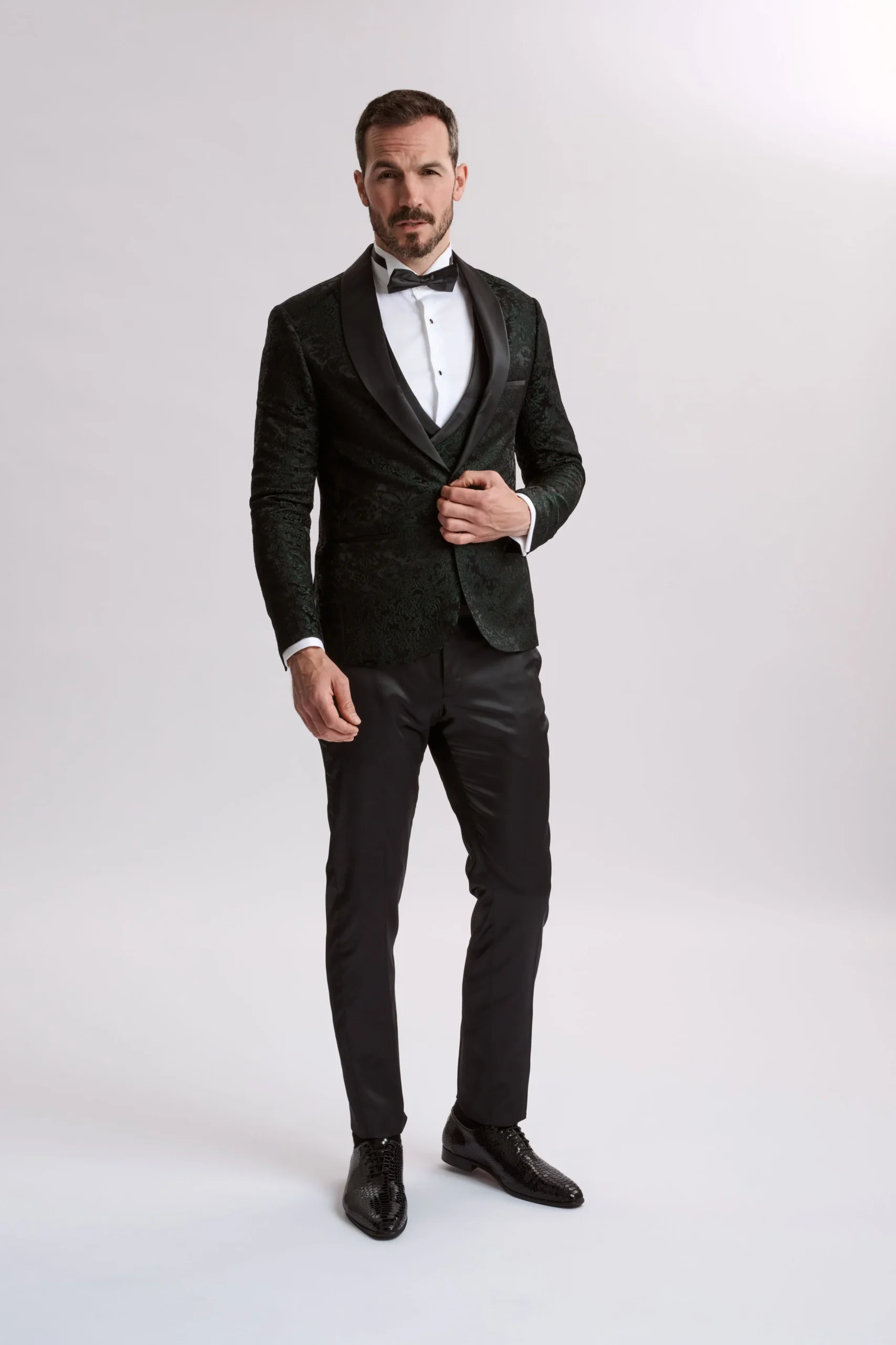 Santoro Milan's Paisley Three Piece Brocade Olive Suit